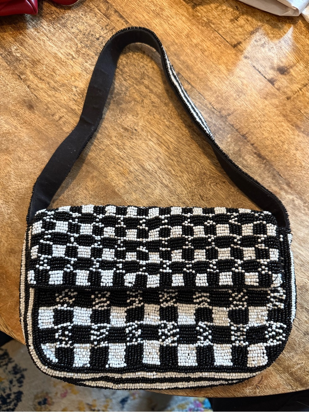 Anthropologie Black and White Beaded Checker Shoulder Bag